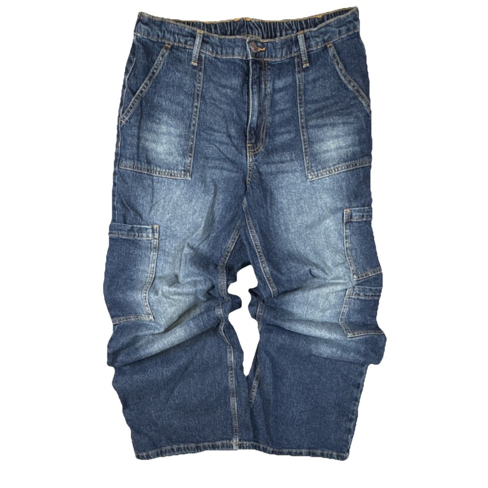VTG Y2K No Boundaries Baggy Cargo Jeans Blue Denim Stretchy Waist Size L (12-14)